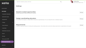 In Work-based learning, the Settings page. There are three rows with a Manage button: Student-created opportunities, Assign coordinating educators, and Requirements.